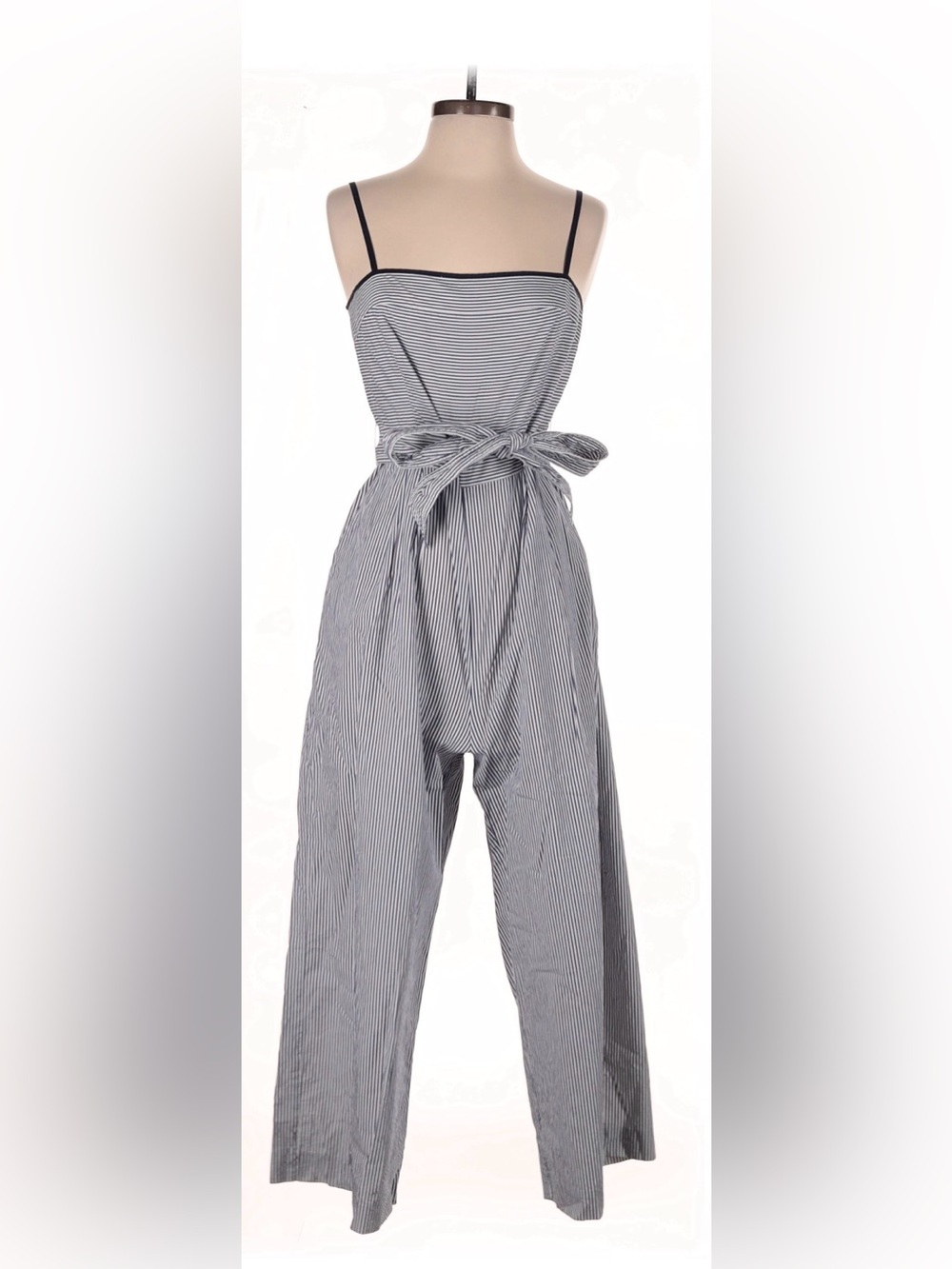 ⁠J.Crew Marseille Blue White Pinstripe Wide Leg Crop Jumpsuit Size 2